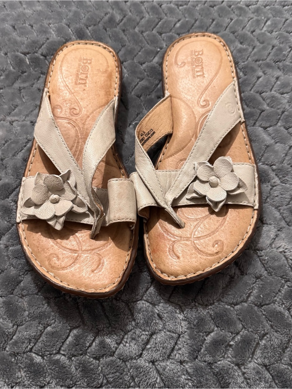 Born Light Beige Floral Leather Thong Sandals
